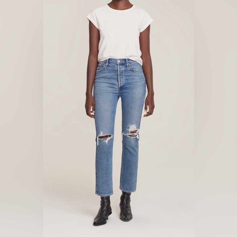 Agolde Blue Distressed Wilder Denim Organic Cotton Blend Straight Jeans Size 29